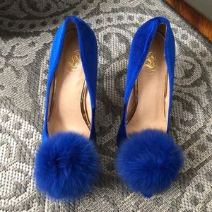 Royal blue heels with fur ball